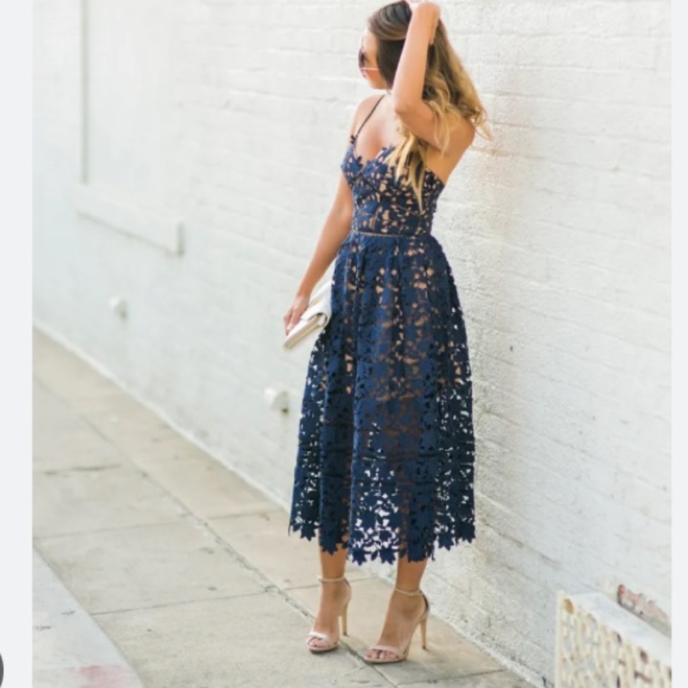 Aqua Navy Floral Lace Midi Dress with Spaghetti Straps